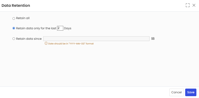 Data Retention settings pop-up