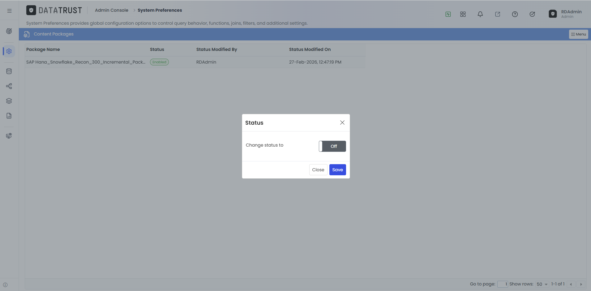 Enable/Disable status confirmation pop-up