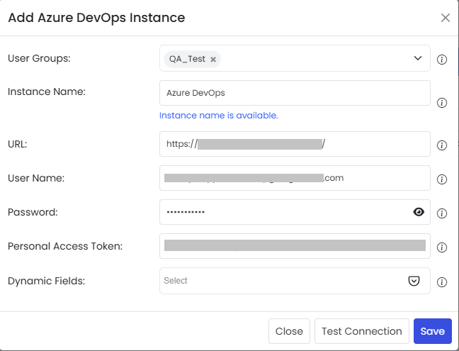 Providing details and clicking Test Connection