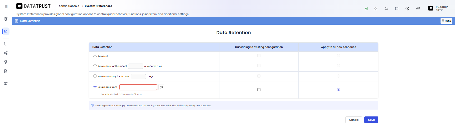Selecting Retain Data From option