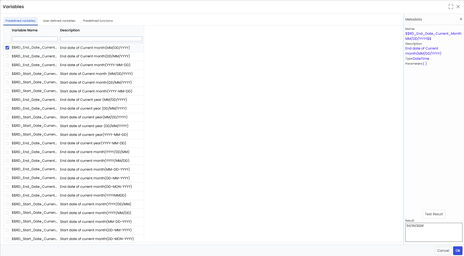 Test Result for selected variable