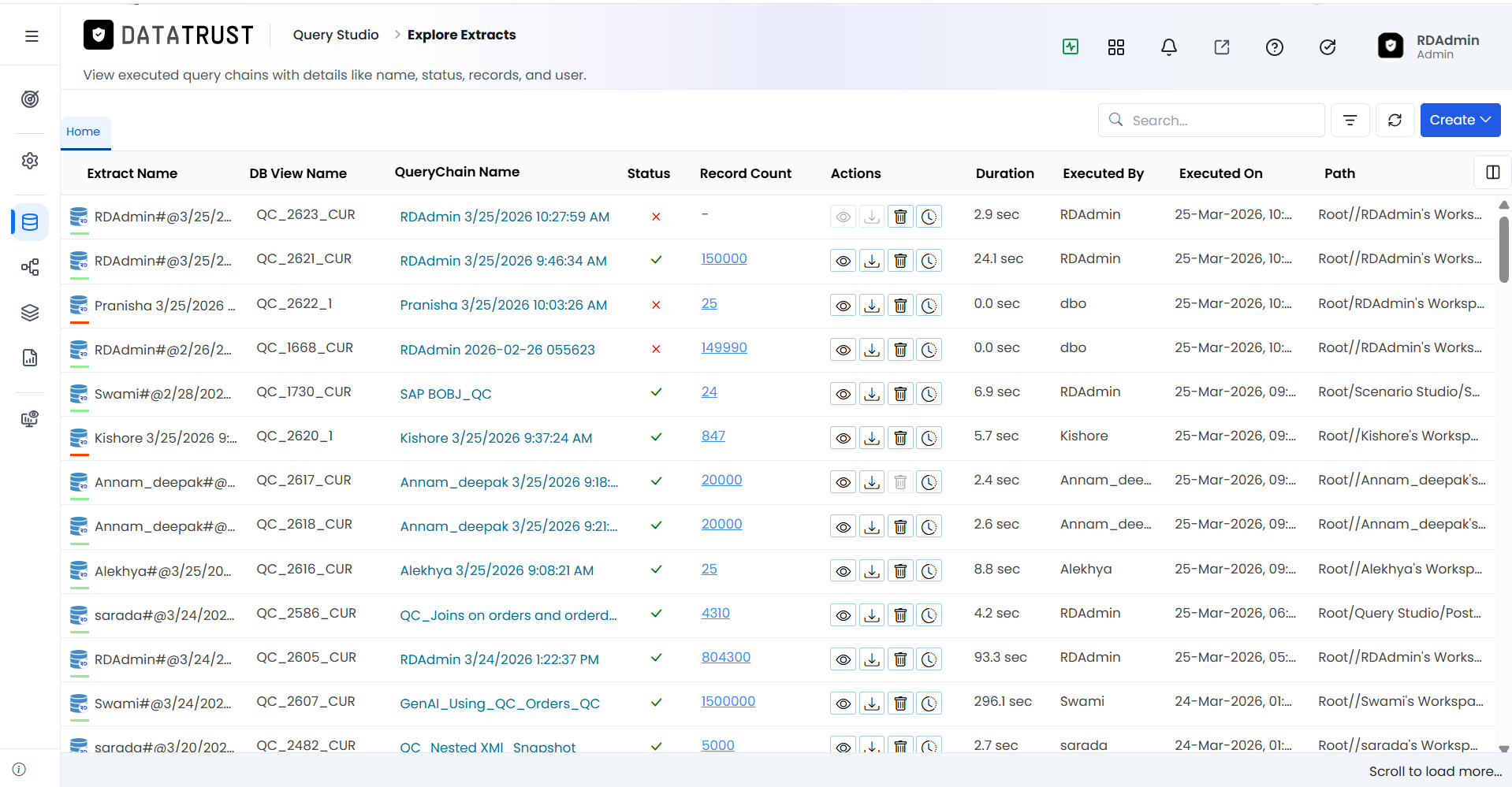 Explore Extracts page listing executions