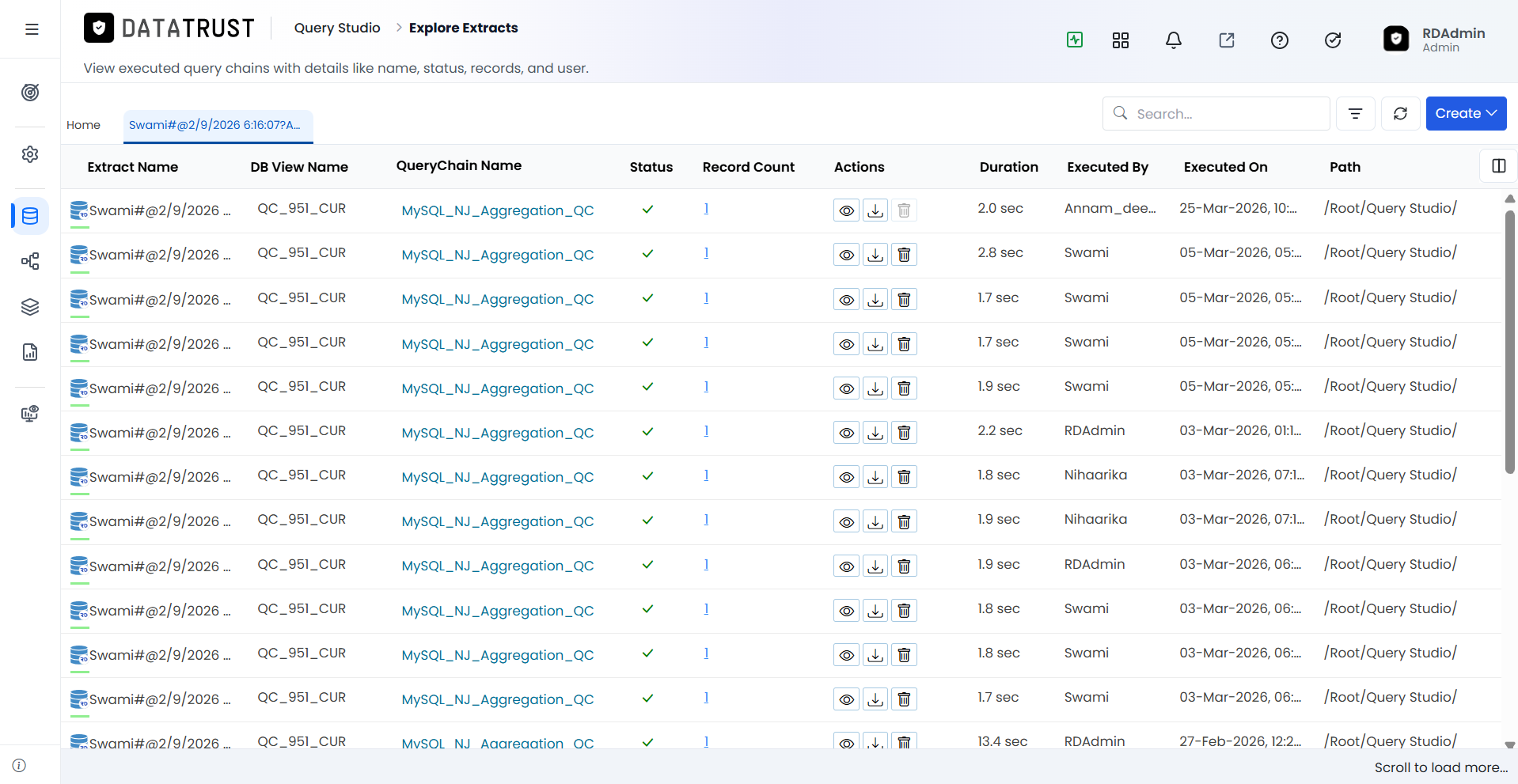 Execution history view