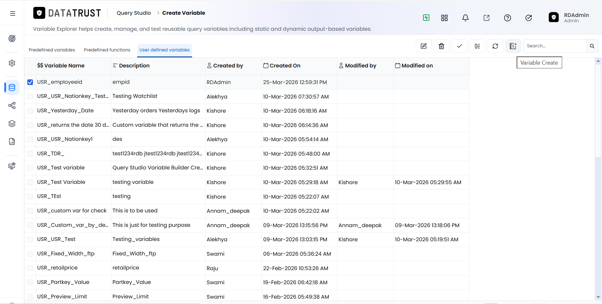 Create Variable button