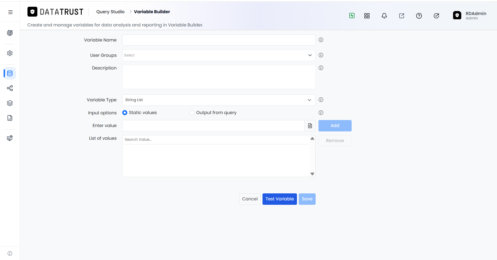 Variable Builder form