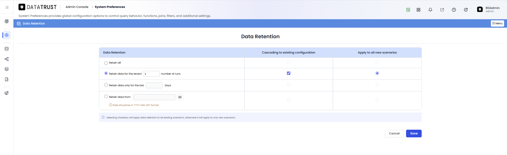 Default retention option selected