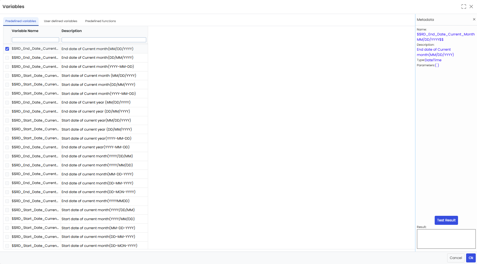 Selected variable metadata