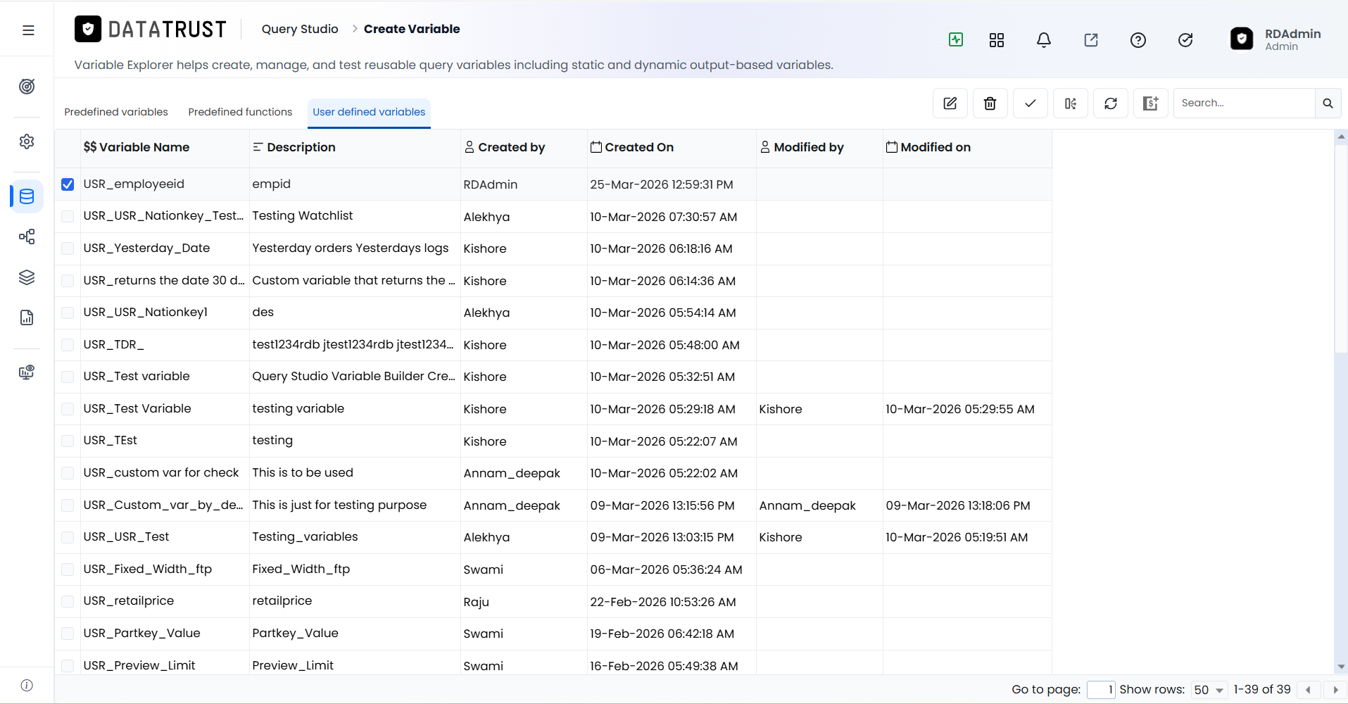 Variable selected — action icons appear in toolbar