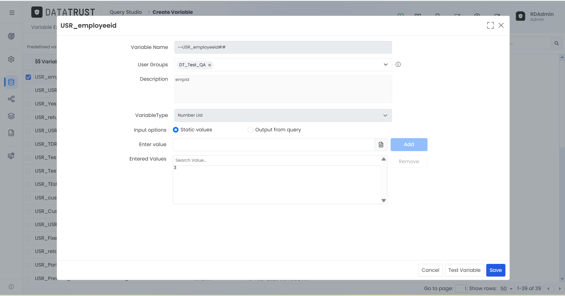 Variable edit popup
