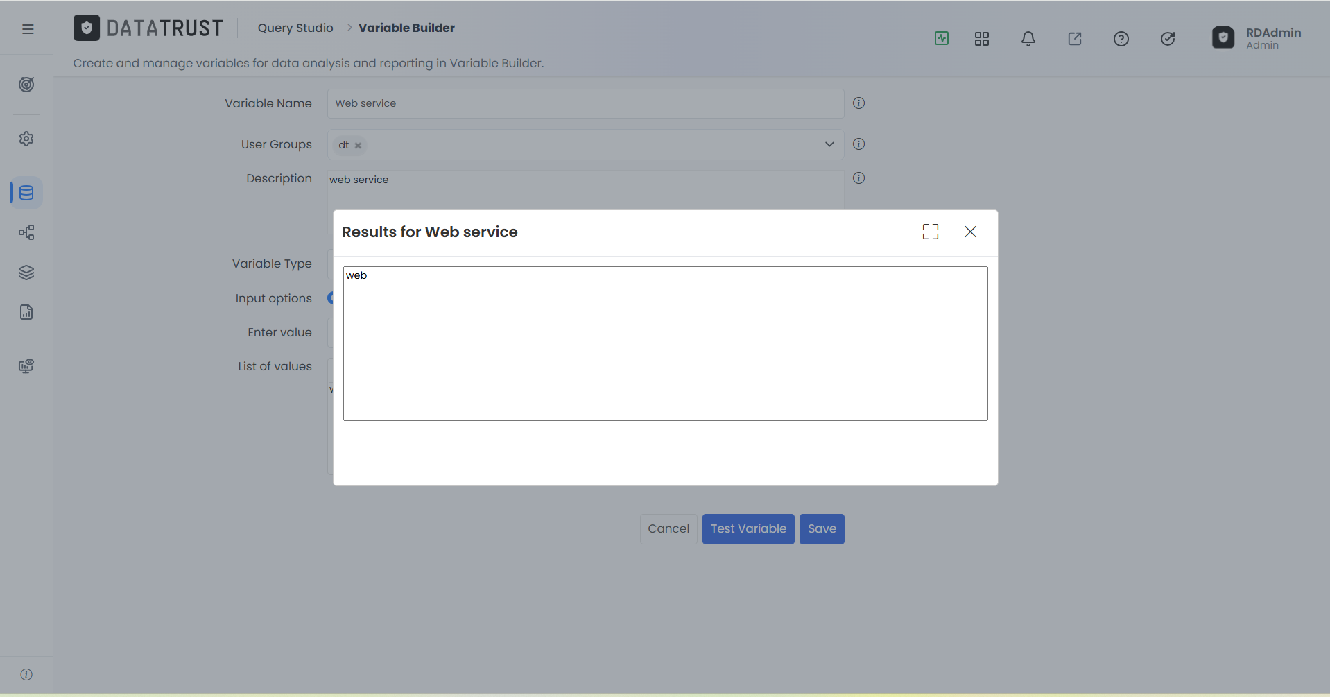 Web service query results in variable