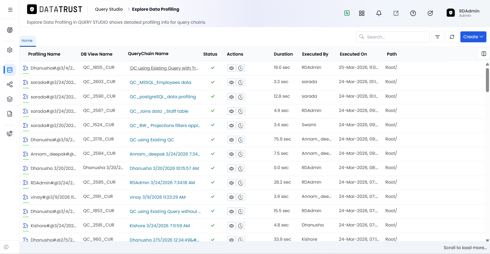 Explore Data Profiling session list
