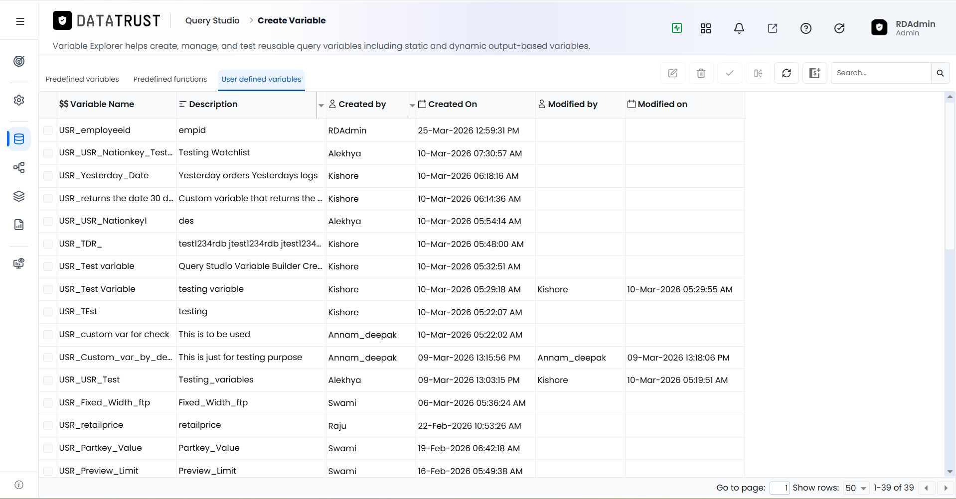 Variable Explorer list page