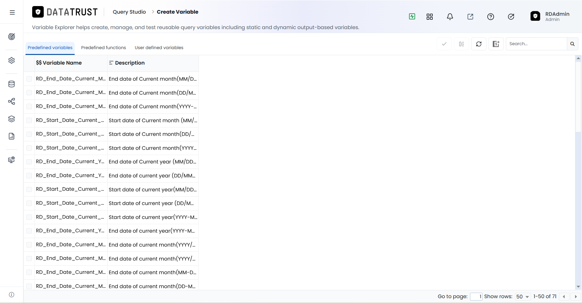 Pre-defined Variables tab