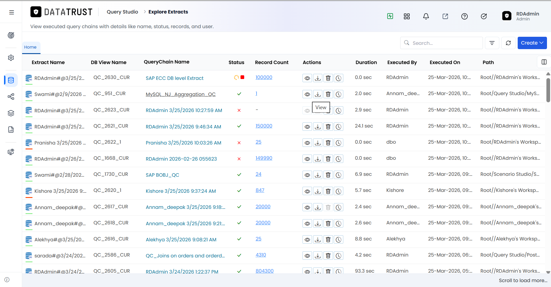 View icon in the Actions column