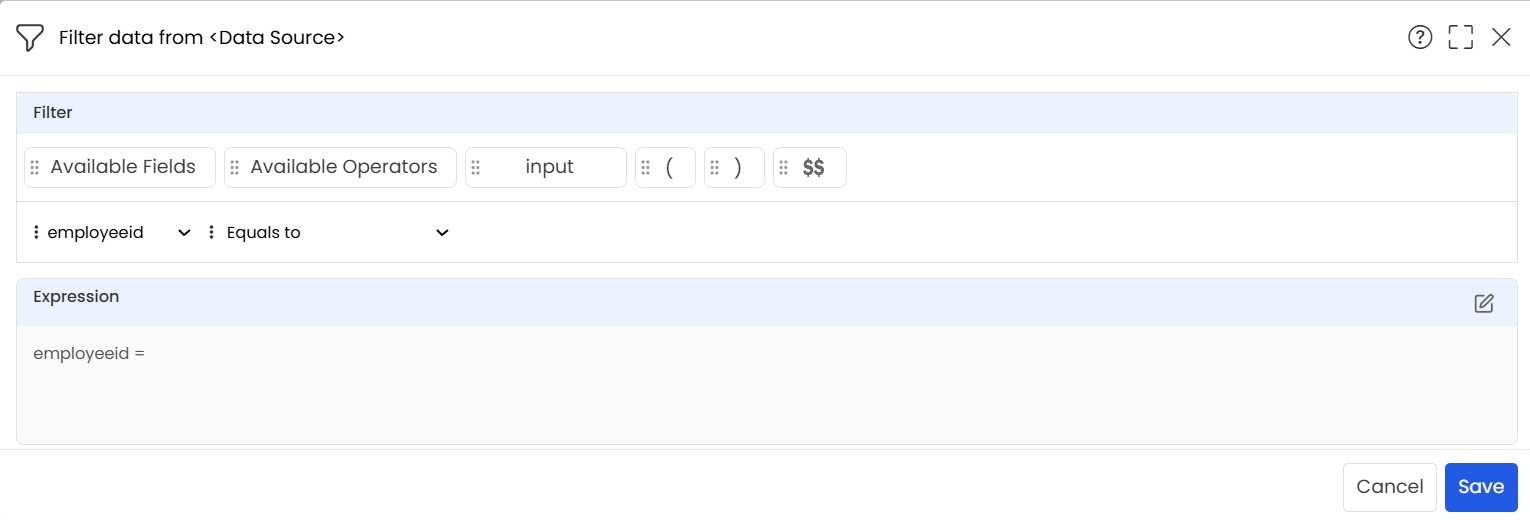 Drag the available fields and available operators_employeeid_equals to