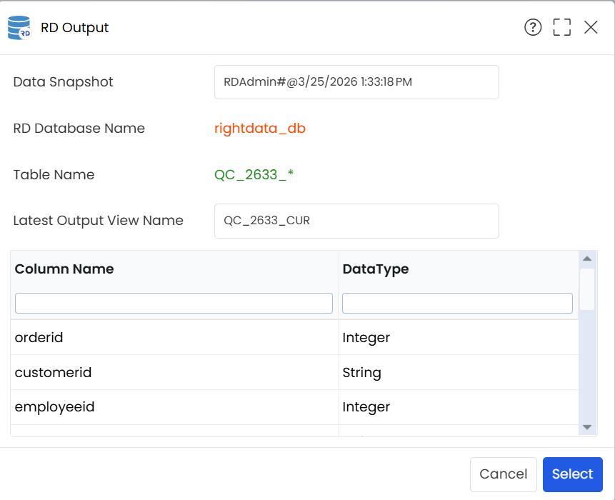 RD Output popup_Click the Select button