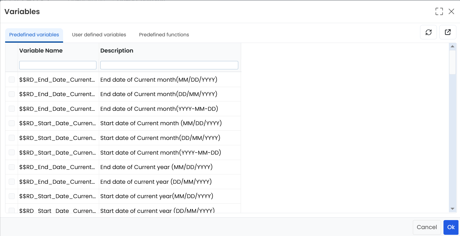 Variables window popup_Predefined variables tab_Click the User defined tab