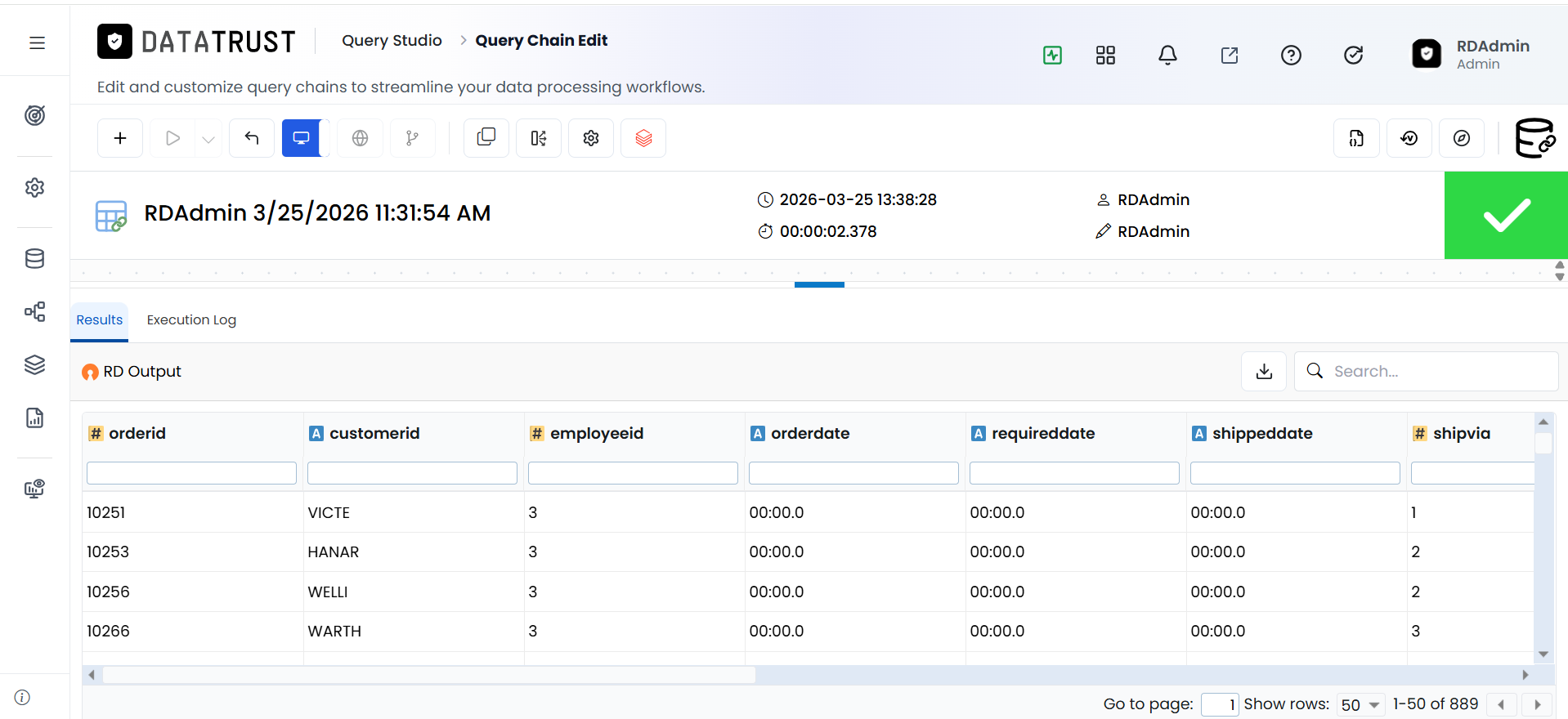 Results tab displaying the executed filtered data using variable
