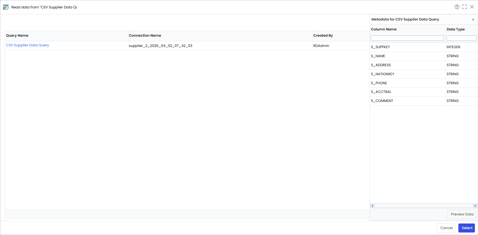 Query Widget Select CSV Query