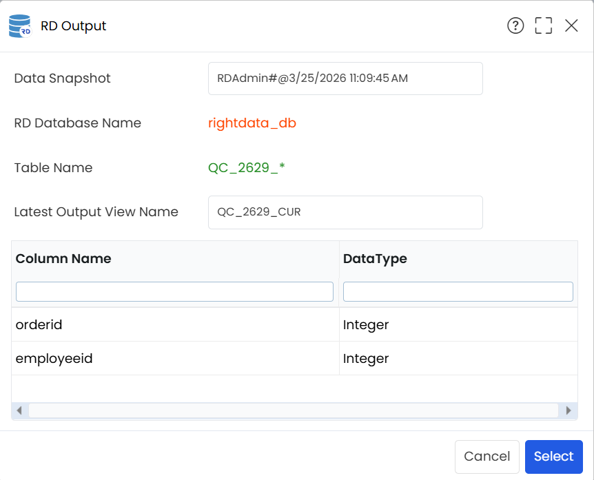 RD Output popup window_Click the Select button