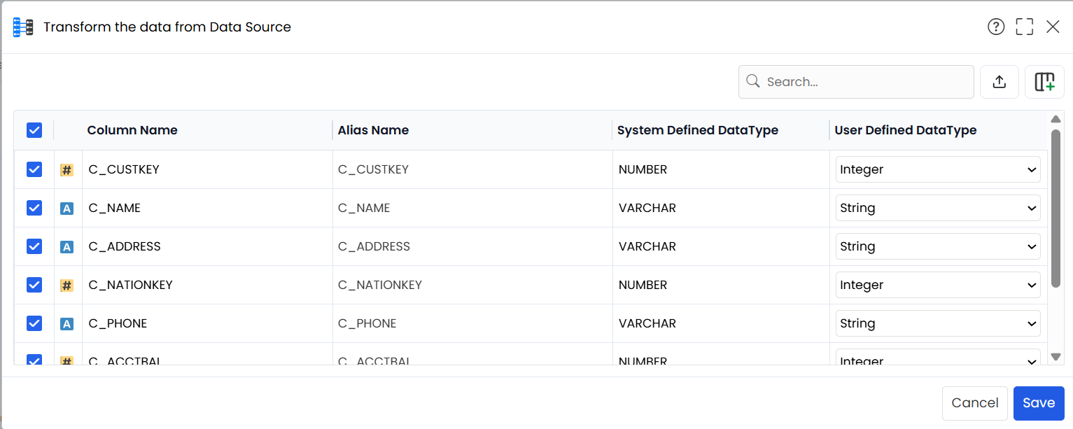 Transform the data from data source window popup