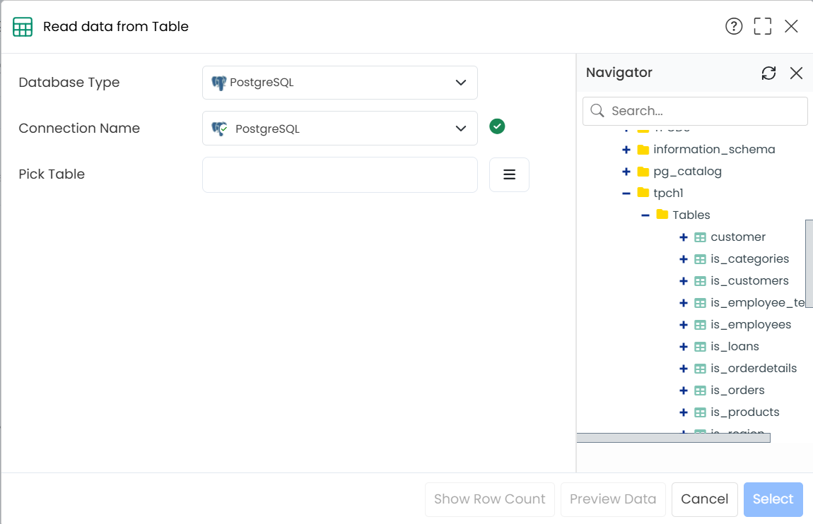 Navigator slide screen_is_ordes table from tpch1 schema