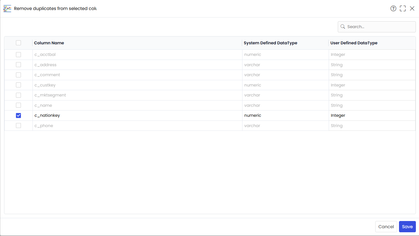 Select columns in De Dups widget