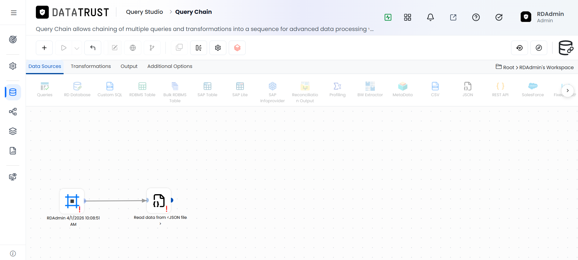 Drag and drop the JSON widget on the Data Source tab