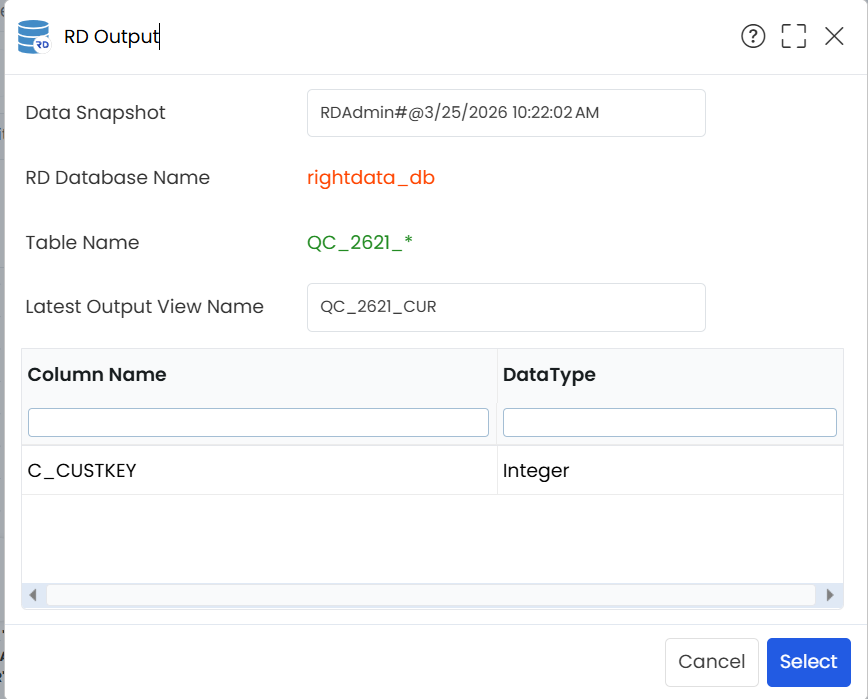 RD Output popup window_Select button