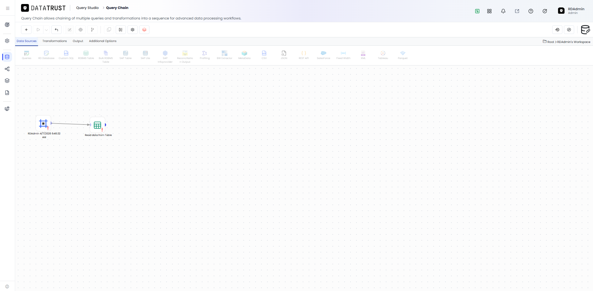 Drag and Dop RDBMS widget from Query Chain create page