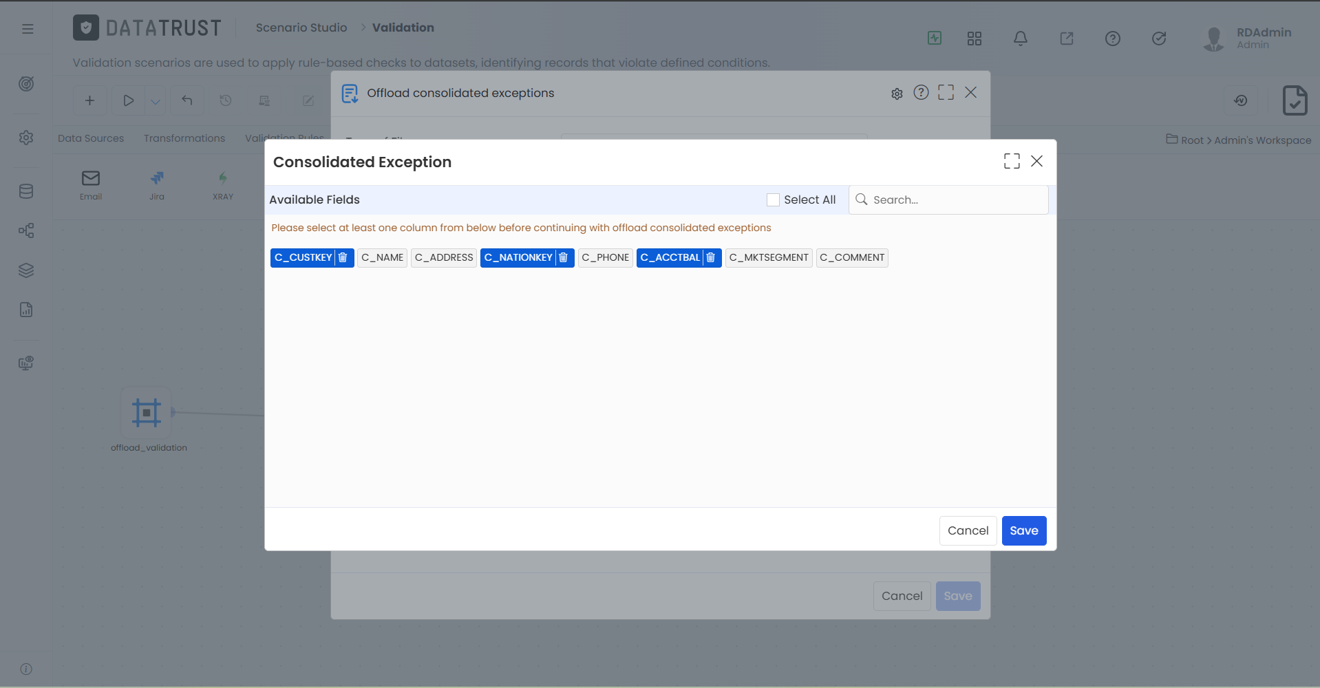 selected columns Exceptions data