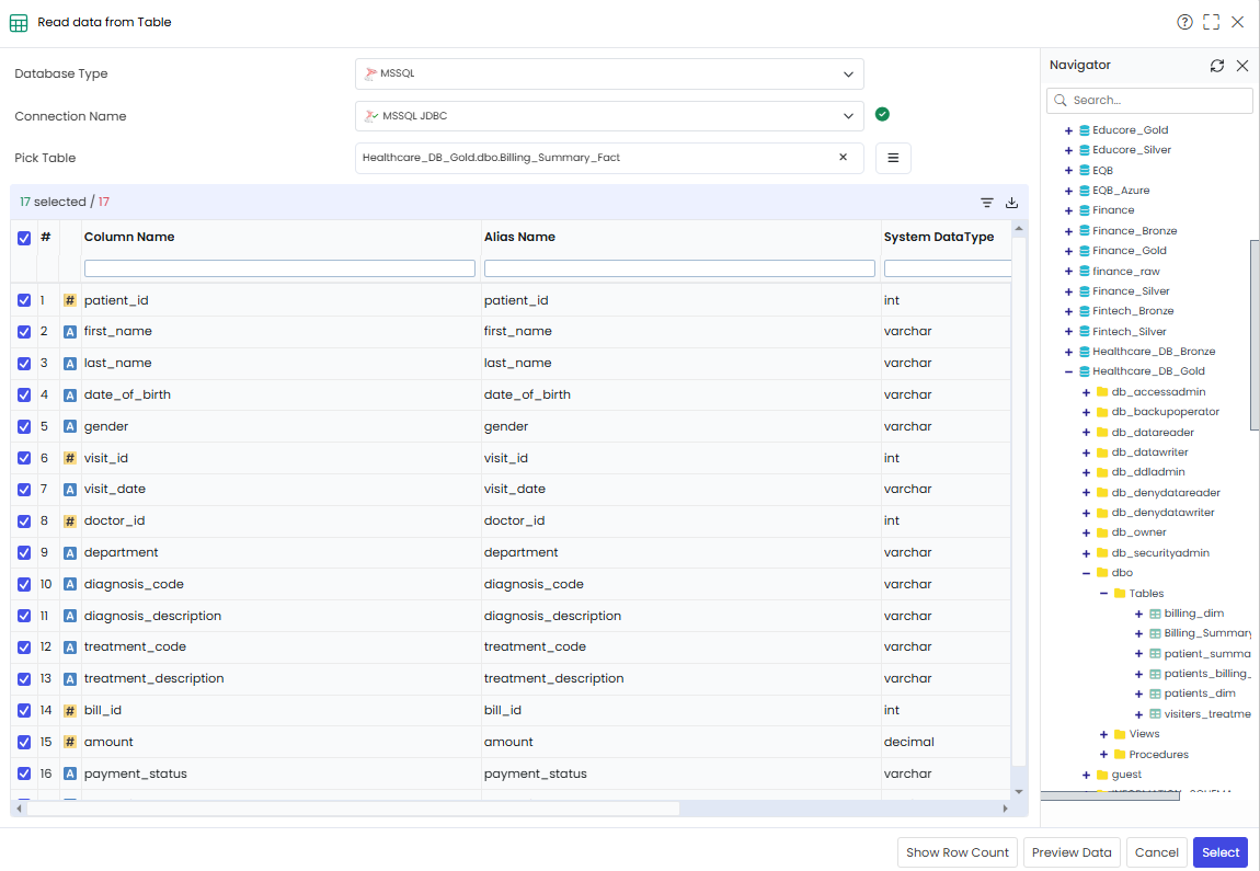 Billing_Summary_Fact table-Click the Select button schema