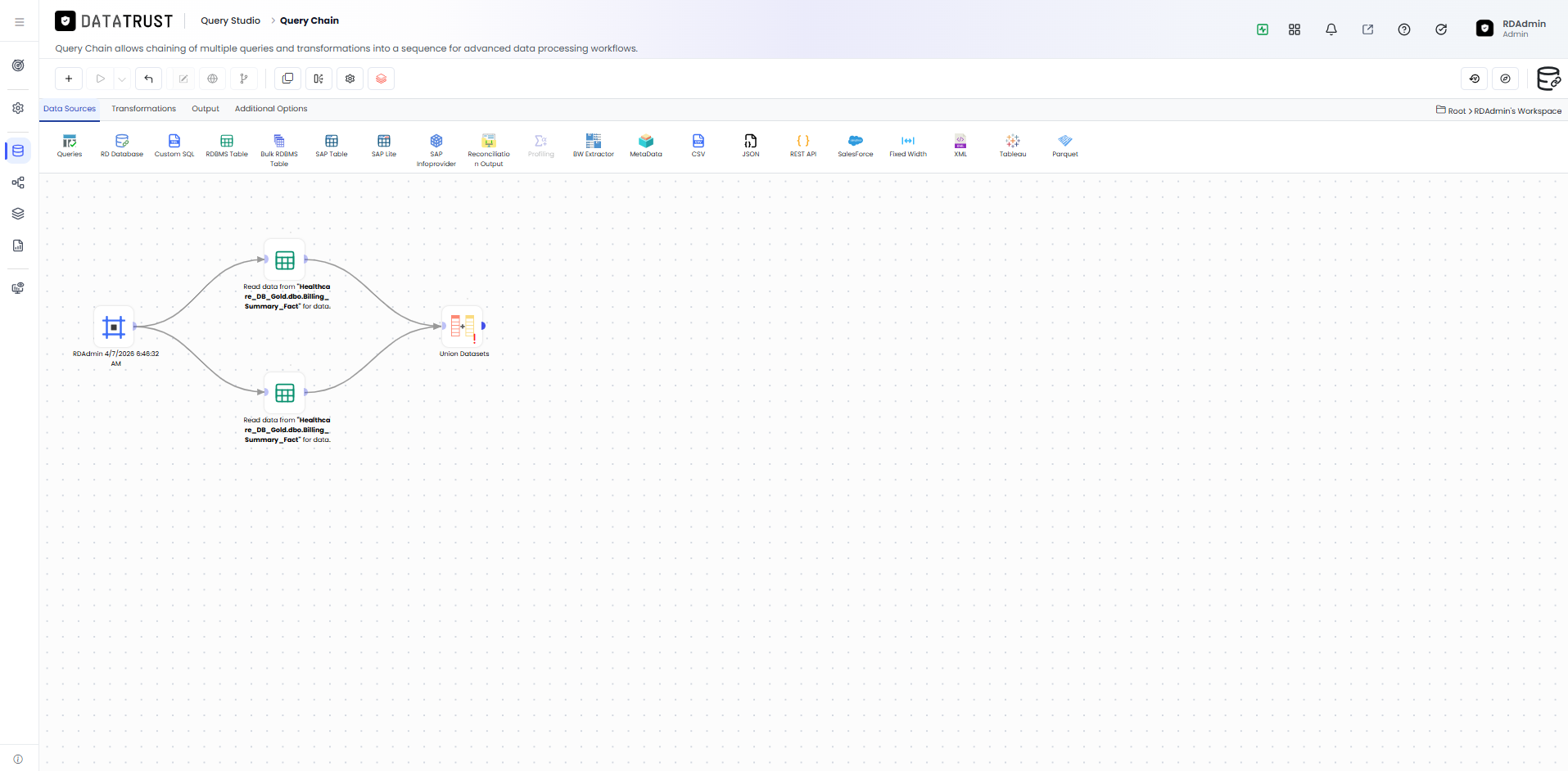 Join the RDBMS table widgets to Union transformation widget