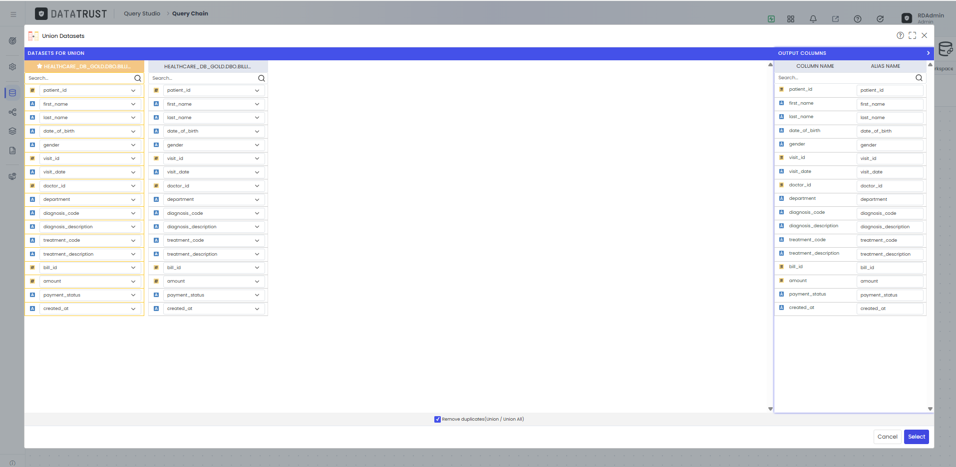 Check the Remove duplicates option and Click the Select button