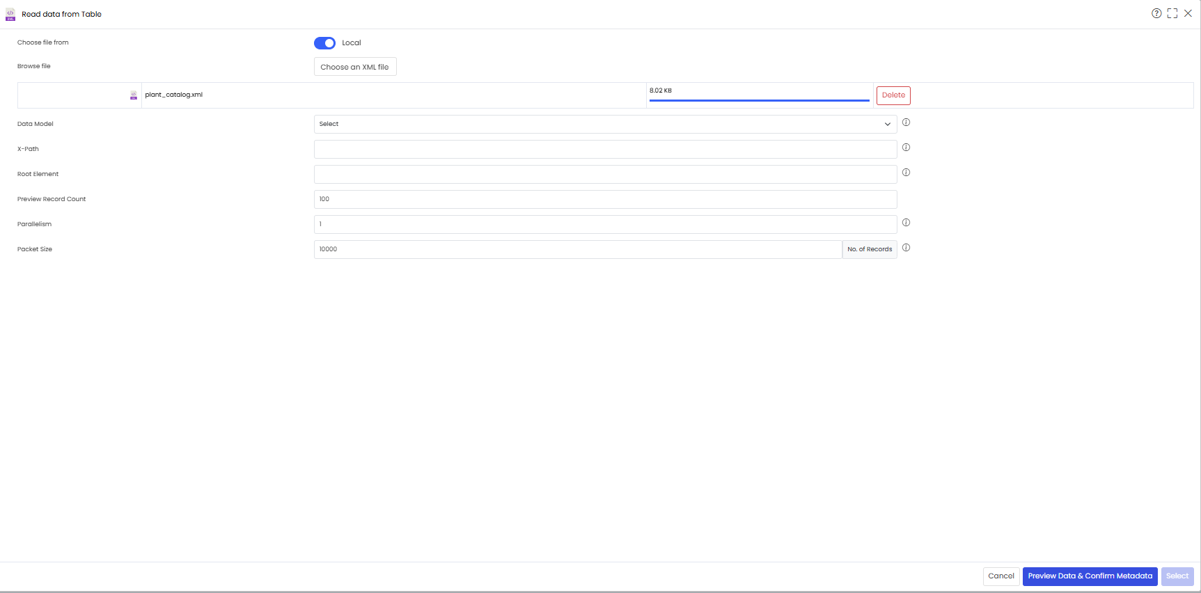 Querychain_Read data from table_Choose required file_Actions buttons population
