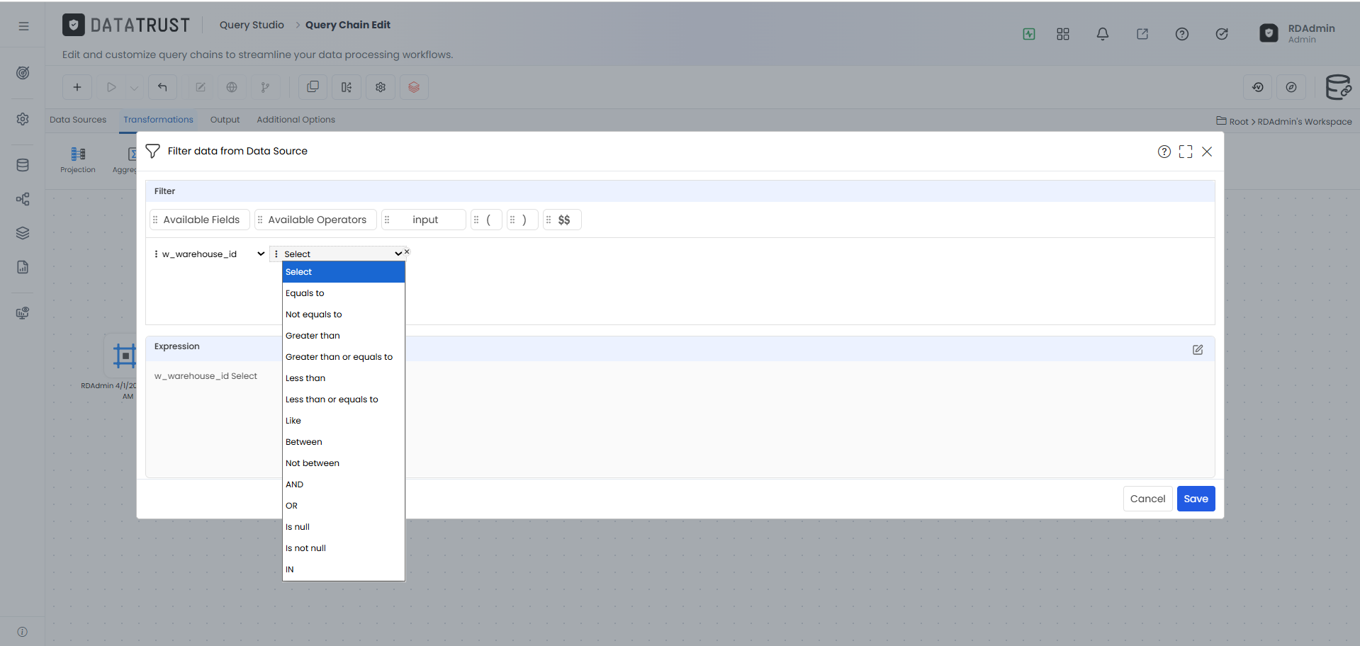 QC_RDBMS_Filter_operators dropdown