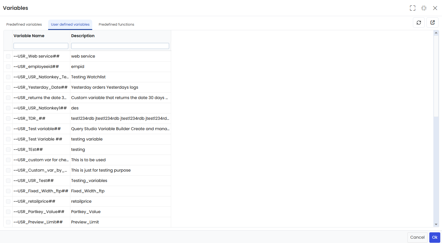 User Defined Variables Tab