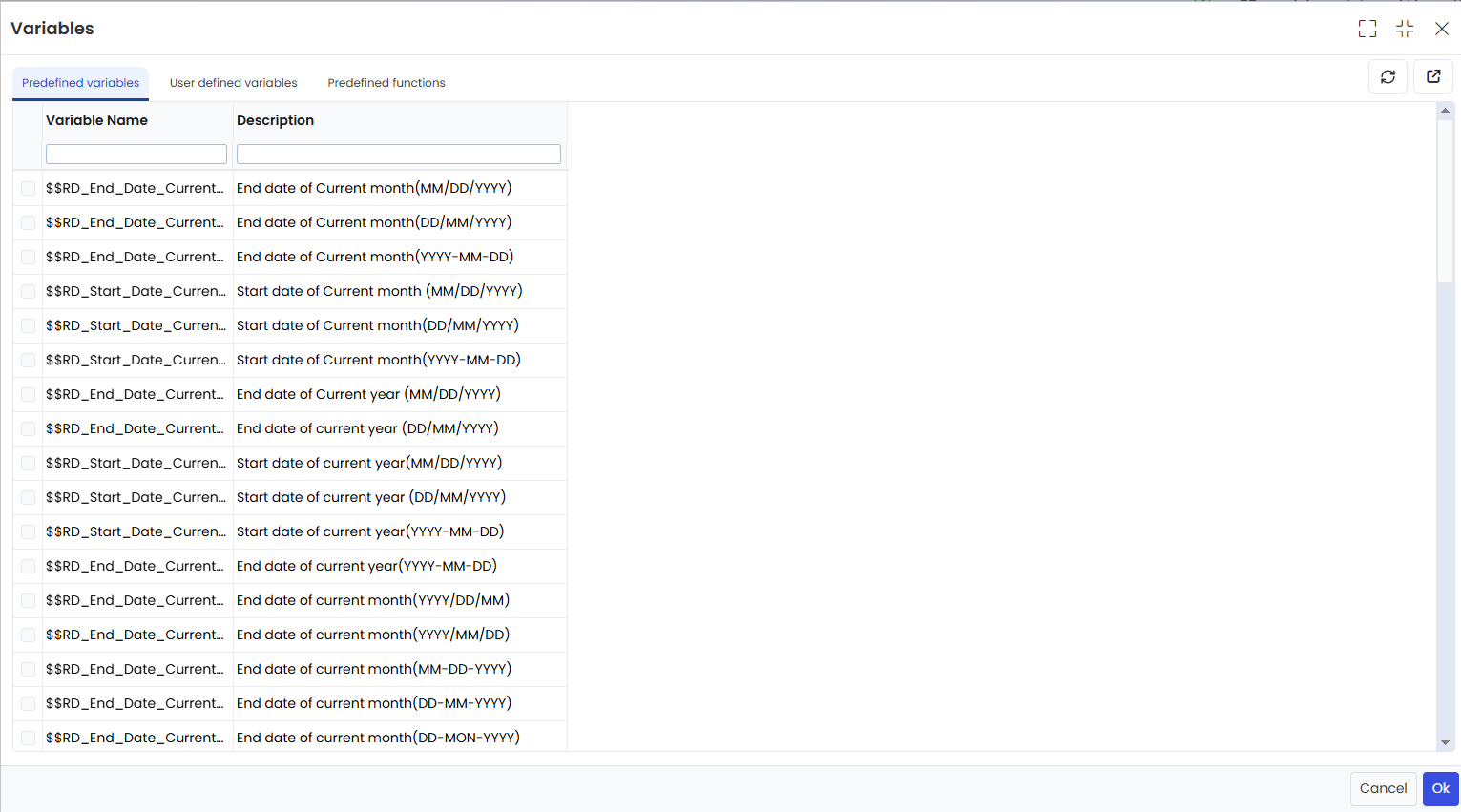 Variables Popup