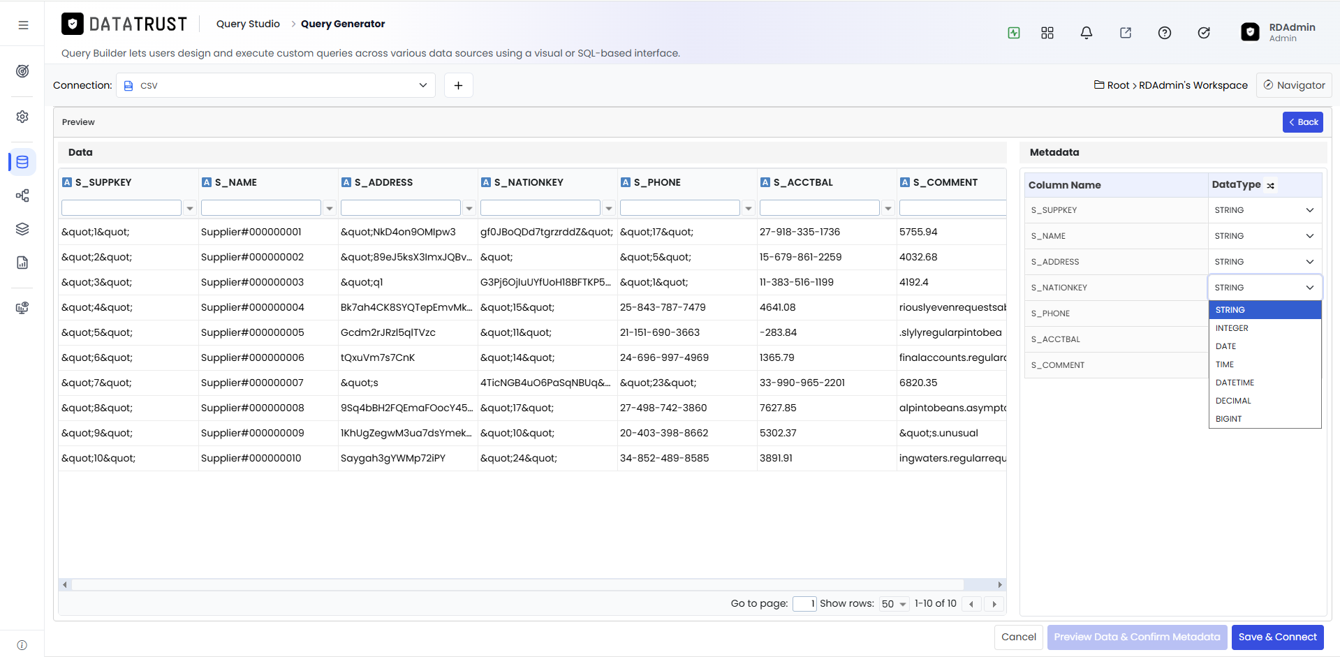 Preview and Override datatype