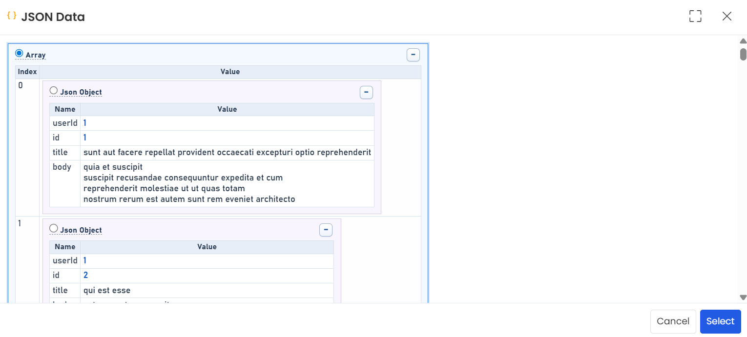 JSON Data popup-Select the Array-Click the Select button