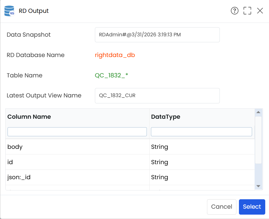 RD Output popup-Click the Select button