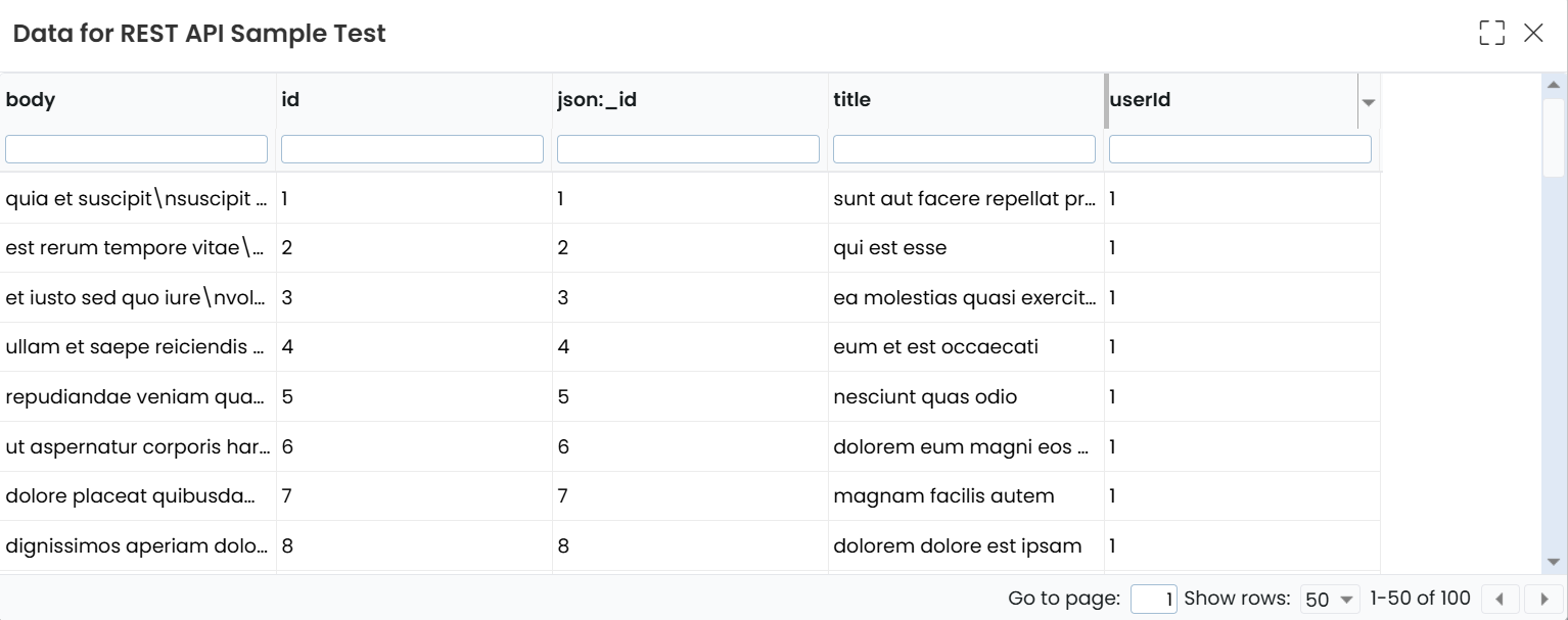 Restapi Sample Test preview data popup