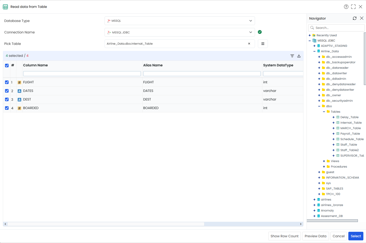 Pick the table field on the metadata