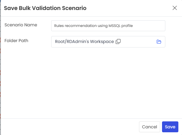 Save Bulk Validation Scenario pop-up window