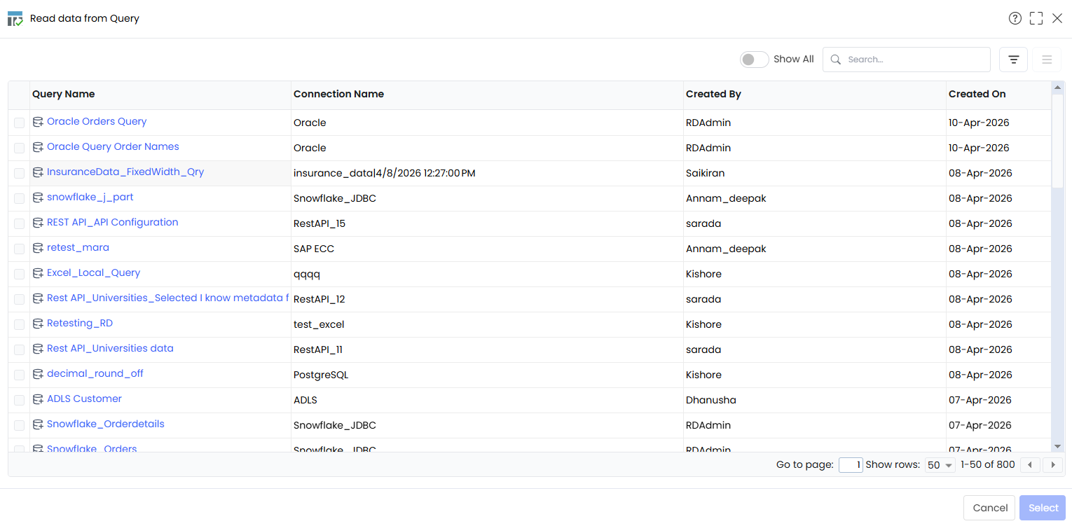Query widget popup