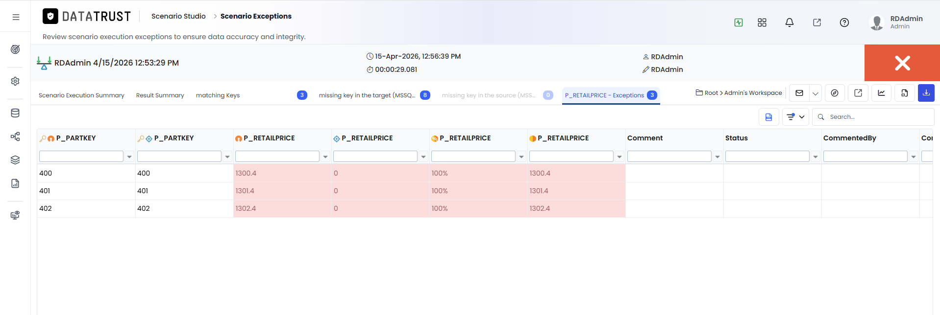 Exception records with Maching key