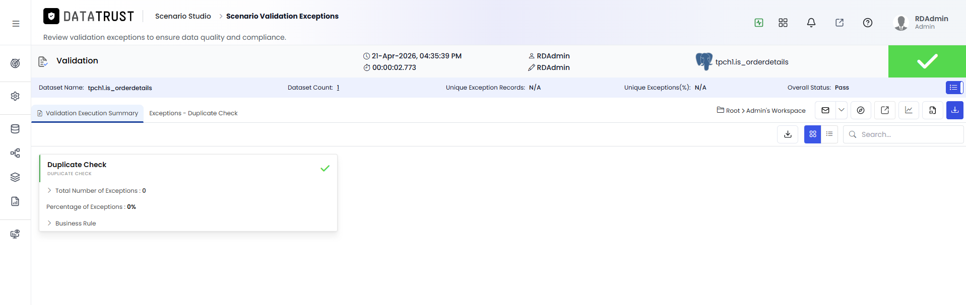 Validation Execution Summary Page