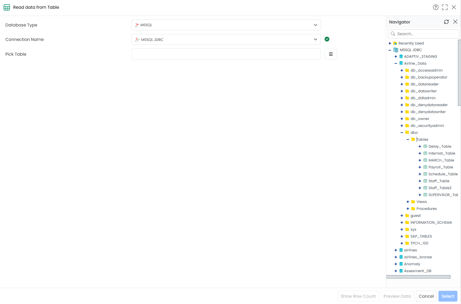 Click the Navigator-select on schema and table