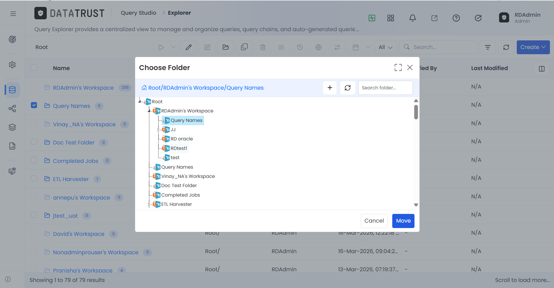 Folder selected in Move popup