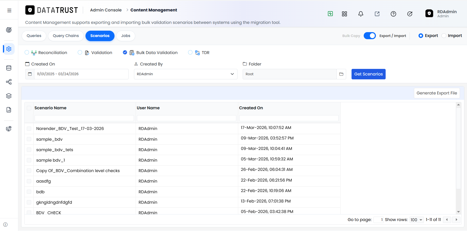 Scenarios list with Generate Export File option